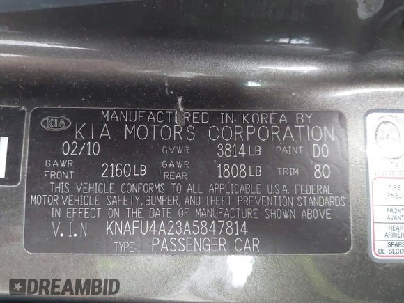 2010 Kia Forte EX with VIN KNAFU4A23A5847814, listed as a IAAI auction lot 42048432 with 97,678 mi miles. Bid and sale history available at carsss.com. Image 9.