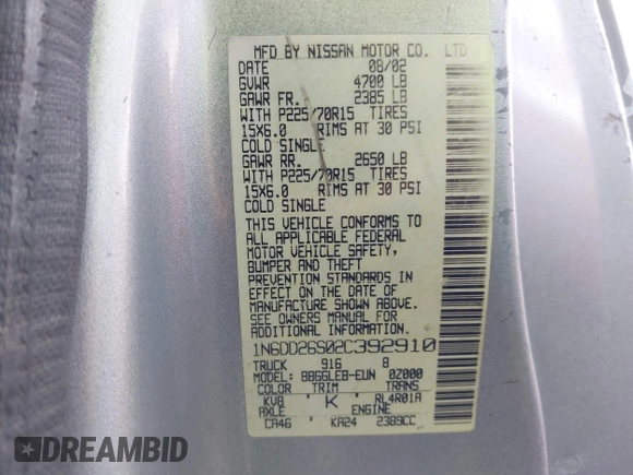 2002 Nissan Frontier XE с VIN 1N6DD26S02C392910, выставлен на аукционе IAAI как лот 42725791 с пробегом 234 830 миль миль и . История ставок и продаж доступна на DreamBid. Изображение 9.