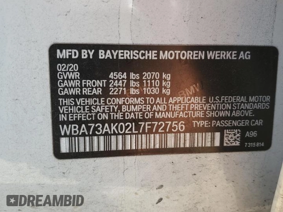 2020 BMW 2 Series 228i xDrive with VIN WBA73AK02L7F72756, listed as a Copart auction lot 59174455 with 60,415 mi miles and Salvage title. Bid and sale history available at DreamBid. Image 12.