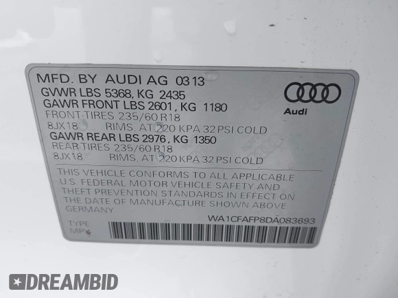 2013 Audi Q5 Premium with VIN WA1CFAFP8DA083693, listed as a IAAI auction lot 42129204 with 120,884 mi miles. Bid and sale history available at carsss.com. Image 9.