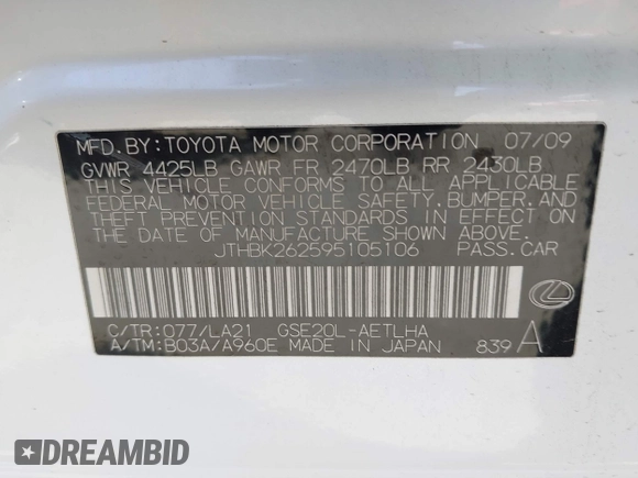 2009 Lexus IS with VIN JTHBK262595105106, listed as a IAAI auction lot 41612234 with 106,719 mi miles. Bid and sale history available at carsss.com. Image 9.