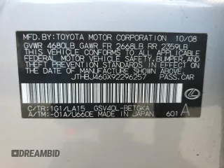 2009 Lexus ES 330 with VIN JTHBJ46GX92296257, listed as a Copart auction lot 55295665 with 181,295 mi miles and Clean Title. Bid and sale history available at DreamBid. Image 12.
