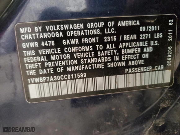 2012 Volkswagen Passat SE with VIN 1VWBP7A30CC011599, listed as a Copart auction lot 47373265 with 131,840 mi miles and Clean Title. Bid and sale history available at carsss.com. Image 12.