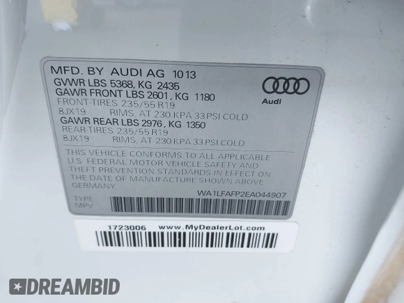 2014 Audi Q5 Premium Plus with VIN WA1LFAFP2EA044907, listed as a IAAI auction lot 42615182 with 103,749 mi miles and . Bid and sale history available at DreamBid. Image 9.