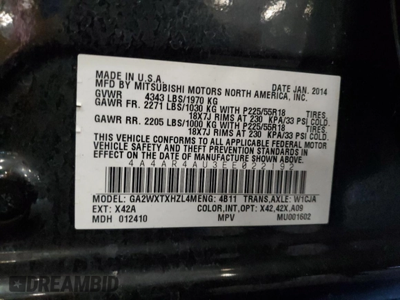 2014 Mitsubishi Outlander SE z VIN 4A4AR4AU3EE022192, wystawiony jako Copart lot #56918765 z przebiegiem 164 958 mil mil oraz Szkoda całkowita • Salvage title. Historia ofert i sprzedaży dostępna na DreamBid. Obrazek 13.