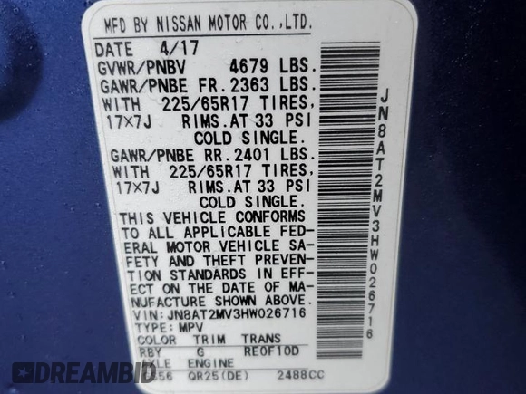 2017 Nissan Rogue S with VIN JN8AT2MV3HW026716, listed as a Copart auction lot 49901745 with 101,642 mi miles and Salvage Title. Bid and sale history available at DreamBid. Image 13.