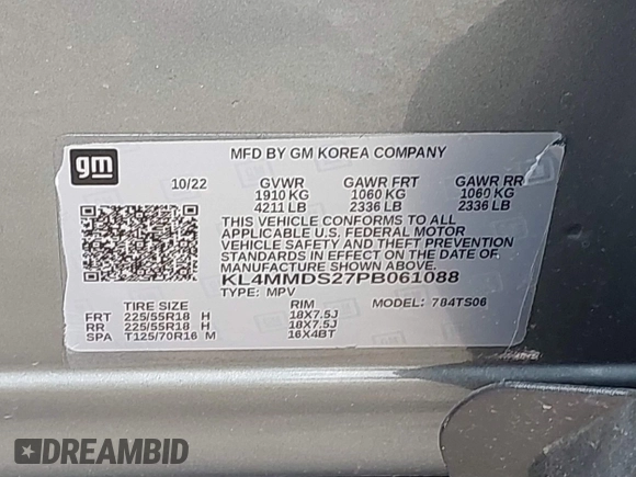 2023 Buick Encore GX Select with VIN KL4MMDS27PB061088, listed as a IAAI auction lot 41683699 with 62,131 mi miles and . Bid and sale history available at DreamBid. Image 9.
