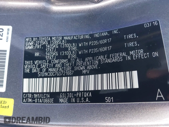 2016 Toyota Sienna XLE with VIN 5TDYK3DC7GS721667, listed as a IAAI auction lot 41400702 with 85,188 mi miles and . Bid and sale history available at DreamBid. Image 9.
