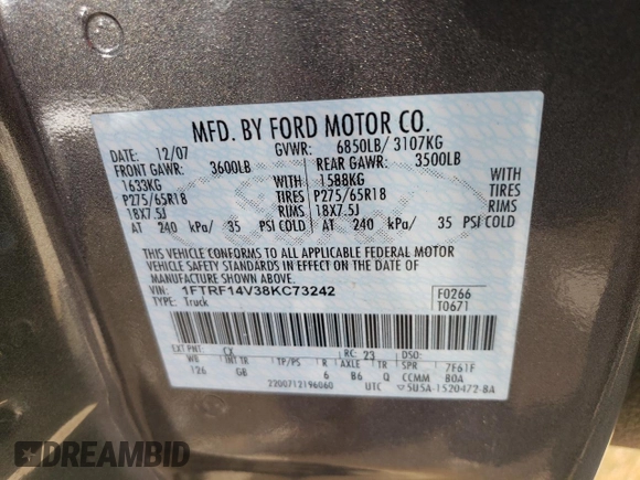 2008 Ford F-150 XL with VIN 1FTRF14V38KC73242, listed as a Copart auction lot 72579034 with 155,310 mi miles and Salvage Title. Bid and sale history available at carsss.com. Image 12.