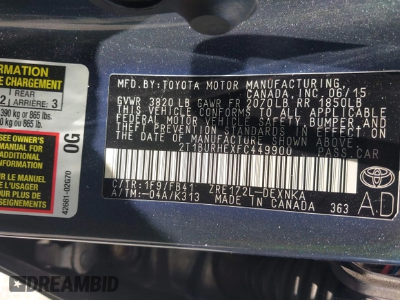 2015 Toyota Corolla L with VIN 2T1BURHEXFC449900, listed as a IAAI auction lot 42128227 with 127,479 mi miles and . Bid and sale history available at DreamBid. Image 9.