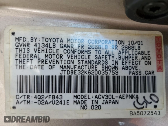 2002 Toyota Camry LE z VIN JTDBE32K620035753, wystawiony jako Copart lot #60176235 z przebiegiem 258 793 mil mil oraz Czysty tytuł • Clean title. Historia ofert i sprzedaży dostępna na DreamBid. Obrazek 12.
