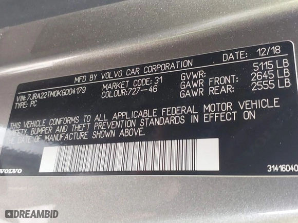 2019 Volvo S60 R-Design with VIN 7JRA22TM0KG004179, listed as a IAAI auction lot 41716942 with 27,466 mi miles. Bid and sale history available at carsss.com. Image 9.