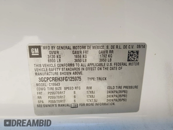 2015 Chevrolet Silverado 1500 LT with VIN 3GCPCREH3FG125975, listed as a IAAI auction lot 41459150 with 217,012 mi miles and . Bid and sale history available at DreamBid. Image 9.