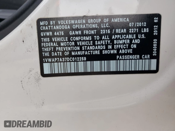 2013 Volkswagen Passat S with VIN 1VWAP7A37DC012259, listed as a Copart auction lot 44524765 with 176,133 mi miles and Salvage title. Bid and sale history available at DreamBid. Image 14.