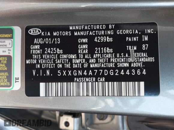 2013 Kia Optima EX with VIN 5XXGN4A77DG244364, listed as a IAAI auction lot 42179051 with 184,416 mi miles and . Bid and sale history available at carsss.com. Image 9.