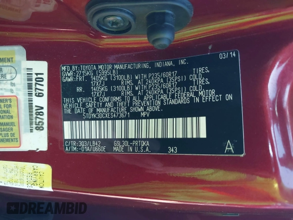 2014 Toyota Sienna XLE with VIN 5TDYK3DCXES473671, listed as a IAAI auction lot 42243030 with 70,052 mi miles and . Bid and sale history available at DreamBid. Image 9.