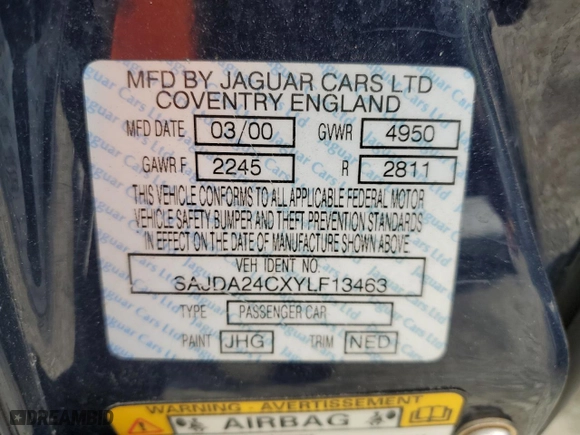 2000 Jaguar XJ VDP with VIN SAJDA24CXYLF13463, listed as a Copart auction lot 67797454 with 144,765 mi miles and Clean Title. Bid and sale history available at carsss.com. Image 12.