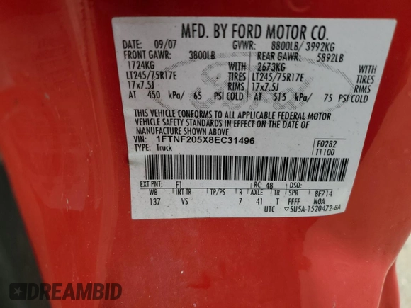 2008 Ford F-250 XL with VIN 1FTNF205X8EC31496, listed as a Copart auction lot 56753985 with 211,427 mi miles and Non repairable. Bid and sale history available at DreamBid. Image 12.