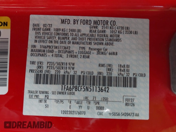 2022 Ford Mustang GT with VIN 1FA6P8CF5N5113642, listed as a IAAI auction lot 41951467 with 43,743 mi miles and . Bid and sale history available at DreamBid. Image 9.