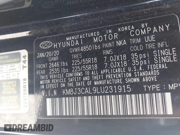 2020 Hyundai Tucson Sport z VIN KM8J3CAL9LU231915, wystawiony jako IAAI lot #42190946 z przebiegiem 40 439 mil mil oraz . Historia ofert i sprzedaży dostępna na DreamBid. Obrazek 9.