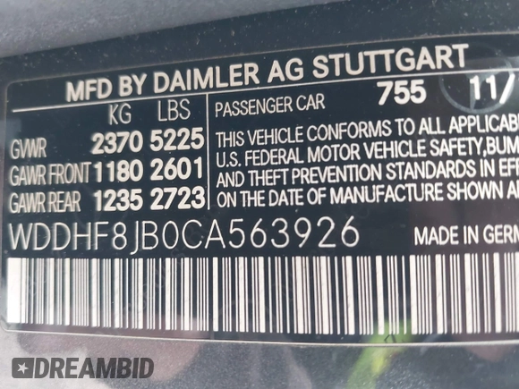 2012 Mercedes-Benz E 350 Luxury with VIN WDDHF8JB0CA563926, listed as a IAAI auction lot 42073792 with 108,703 mi miles and . Bid and sale history available at DreamBid. Image 9.