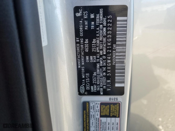 2019 Kia Optima SX with VIN 5XXGW4L21KG332225, listed as a Copart auction lot 43722525 with 46,015 mi miles and Salvage Title. Bid and sale history available at carsss.com. Image 12.