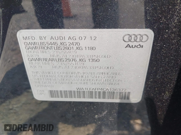 2012 Audi Q5 Premium Plus with VIN WA1LFAFP4CA136372, listed as a IAAI auction lot 42415424 with 66,781 mi miles and . Bid and sale history available at DreamBid. Image 9.