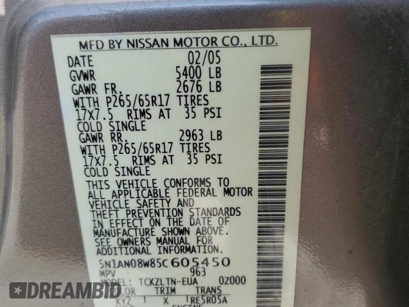 2005 Nissan Xterra S with VIN 5N1AN08W85C605450, listed as a Copart auction lot 48674235 with Not Provided miles and Salvage Title. Bid and sale history available at DreamBid. Image 12.