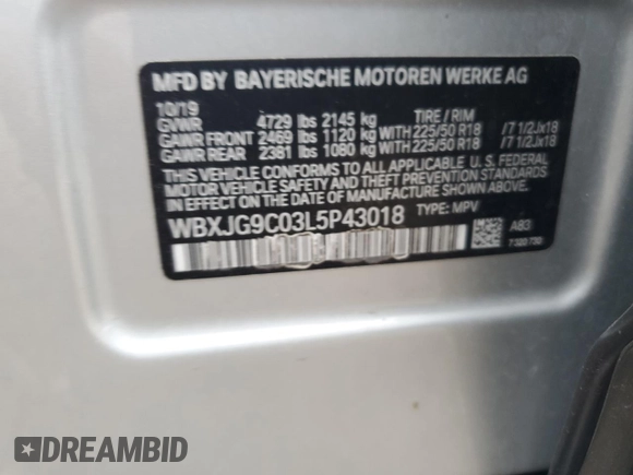 2020 BMW X1 xDrive28i с VIN WBXJG9C03L5P43018, выставлен на аукционе Copart как лот 61079135 с пробегом 45 750 миль миль и Списание • Salvage title. История ставок и продаж доступна на DreamBid. Изображение 14.