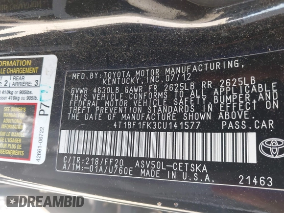 2012 Toyota Camry L with VIN 4T1BF1FK3CU141577, listed as a IAAI auction lot 42059780 with 198,946 mi miles and . Bid and sale history available at DreamBid. Image 9.