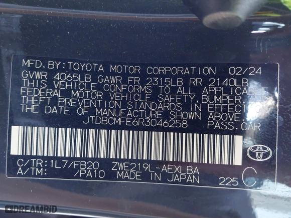 2024 Toyota Corolla Hybrid LE with VIN JTDBCMFE6R3046258, listed as a IAAI auction lot 41701485 with 31,819 mi miles. Bid and sale history available at carsss.com. Image 9.