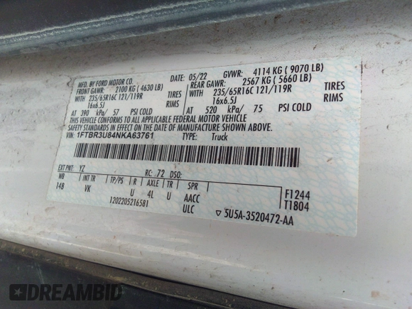 2022 Ford Transit Cargo with VIN 1FTBR3U84NKA63761, listed as a IAAI auction lot 41100280 with 90,993 mi miles and . Bid and sale history available at DreamBid. Image 9.