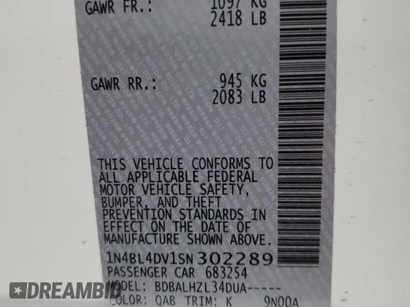 2025 Nissan Altima SV with VIN 1N4BL4DV1SN302289, listed as a Copart auction lot 54257495 with 10,039 mi miles and Non Repairable. Bid and sale history available at DreamBid. Image 13.