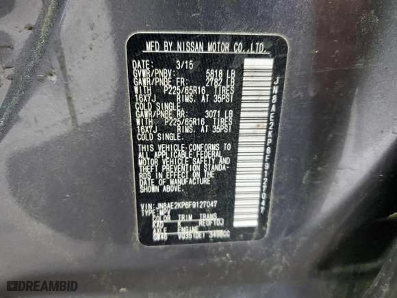 2015 Nissan Quest SV with VIN JN8AE2KP6F9127047, listed as a Copart auction lot 53235585 with 186,129 mi miles and Clean Title. Bid and sale history available at carsss.com. Image 13.