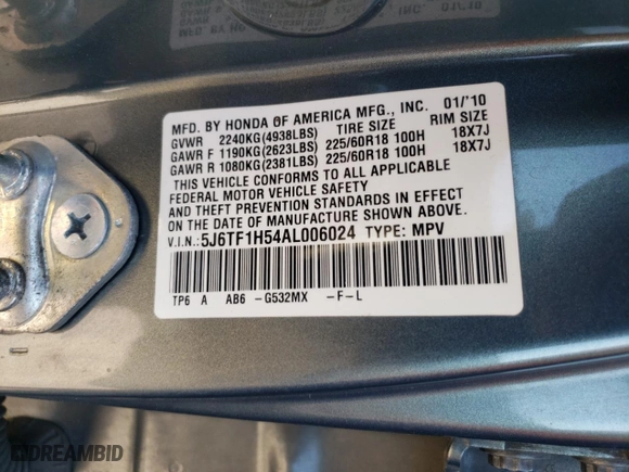 2010 Honda Accord Crosstour EX-L with VIN 5J6TF1H54AL006024, listed as a Copart auction lot 72084634 with 183,537 mi miles and Salvage Title. Bid and sale history available at carsss.com. Image 13.