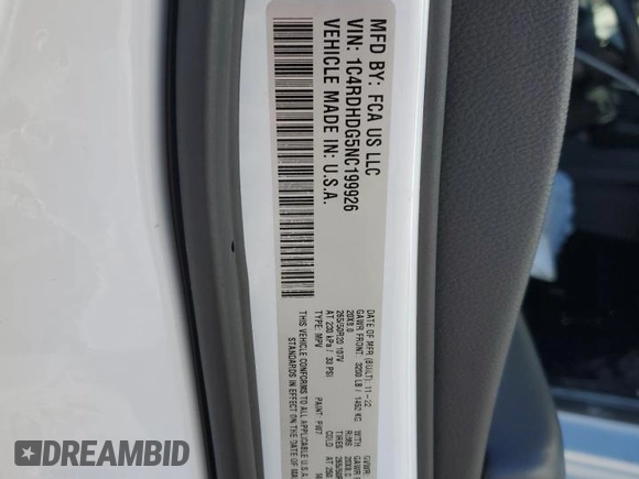 2022 Dodge Durango GT Plus with VIN 1C4RDHDG5NC199926, listed as a Copart auction lot 52198985 with 39,242 mi miles and Salvage Title. Bid and sale history available at DreamBid. Image 15.