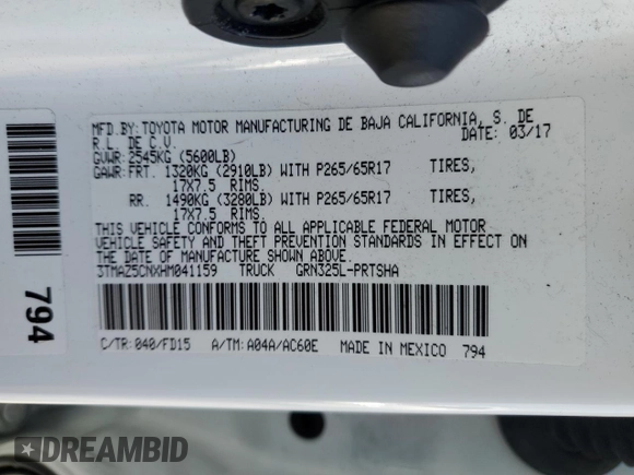 2017 Toyota Tacoma SR5 with VIN 3TMAZ5CNXHM041159, listed as a Copart auction lot 52250905 with 99,337 mi miles and Salvage Title. Bid and sale history available at DreamBid. Image 14.