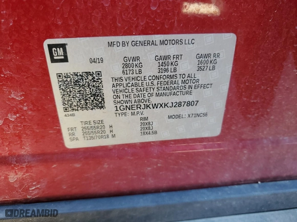2019 Chevrolet Traverse RS with VIN 1GNERJKWXKJ287807, listed as a Copart auction lot 48054915 with 69,250 mi miles and Salvage Title. Bid and sale history available at carsss.com. Image 12.