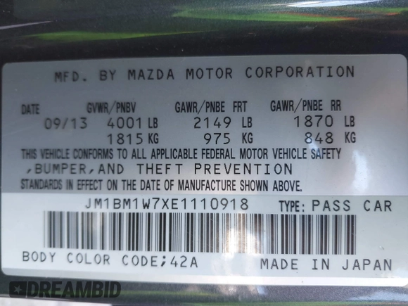 2014 Mazda 3 i Grand Touring with VIN JM1BM1W7XE1110918, listed as a IAAI auction lot 41648972 with 177,723 mi miles and . Bid and sale history available at DreamBid. Image 9.