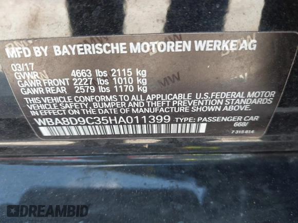 2017 BMW 3 Series 330i xDrive with VIN WBA8D9C35HA011399, listed as a IAAI auction lot 40832950 with 75,822 mi miles and . Bid and sale history available at DreamBid. Image 9.