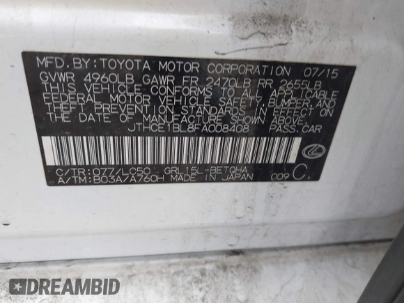 2015 Lexus GS 350 with VIN JTHCE1BL8FA008408, listed as a IAAI auction lot 42208961 with 211,038 mi miles and . Bid and sale history available at DreamBid. Image 9.