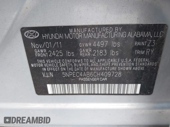 2012 Hyundai Sonata SE with VIN 5NPEC4AB6CH409728, listed as a IAAI auction lot 41938562 with 156,690 mi miles and . Bid and sale history available at carsss.com. Image 9.