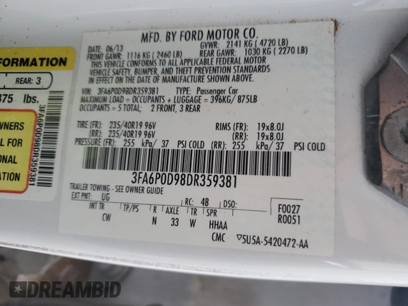 2013 Ford Fusion Titanium with VIN 3FA6P0D98DR359381, listed as a Copart auction lot 53137085 with 106,258 mi miles and Clean Title. Bid and sale history available at carsss.com. Image 12.