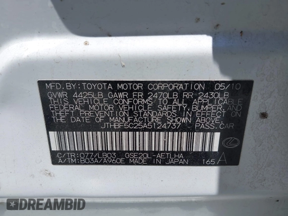 2010 Lexus IS 250 with VIN JTHBF5C25A5124737, listed as a IAAI auction lot 42636954 with Not provided miles and . Bid and sale history available at DreamBid. Image 9.