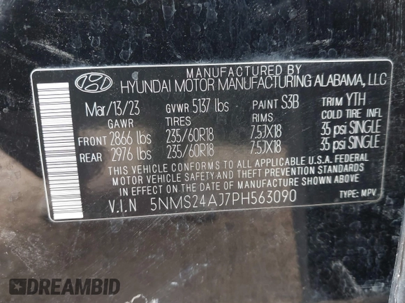 2023 Hyundai Santa Fe SEL with VIN 5NMS24AJ7PH563090, listed as a IAAI auction lot 42218343 with 52,076 mi miles and . Bid and sale history available at DreamBid. Image 9.