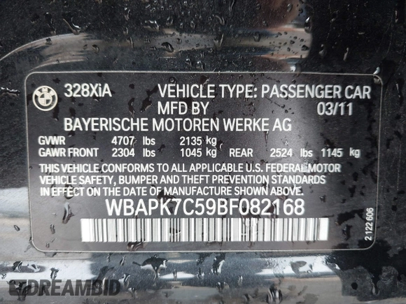 2011 BMW 3 Series 328i xDrive with VIN WBAPK7C59BF082168, listed as a IAAI auction lot 41593485 with 203,099 mi miles. Bid and sale history available at carsss.com. Image 9.