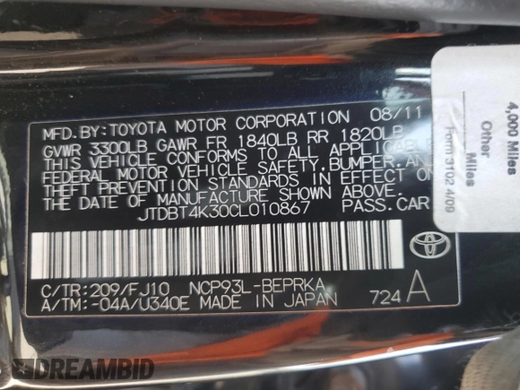 2012 Toyota Yaris with VIN JTDBT4K30CL010867, listed as a Copart auction lot 54128955 with 245,262 mi miles and Salvage Title. Bid and sale history available at carsss.com. Image 12.