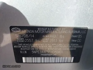 2015 Hyundai Sonata 2.4L Sport with VIN 5NPE34AF5FH080401, listed as a IAAI auction lot 41598870 with 72,047 mi miles. Bid and sale history available at carsss.com. Image 9.