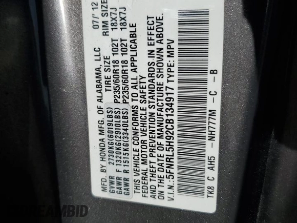 2012 Honda Odyssey Touring with VIN 5FNRL5H92CB134917, listed as a Copart auction lot 54437875 with 139,318 mi miles and Salvage Title. Bid and sale history available at DreamBid. Image 13.