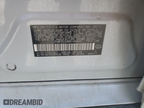 2011 Lexus IS 250 with VIN JTHBF5C24B5146844, listed as a Copart auction lot 62101595 with 161,483 mi miles and Salvage title. Bid and sale history available at DreamBid. Image 12.